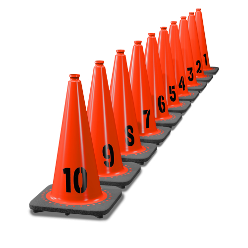 Sequentially Numbered 18" Orange Traffic Cones, 7 lb Black Base - 1-10