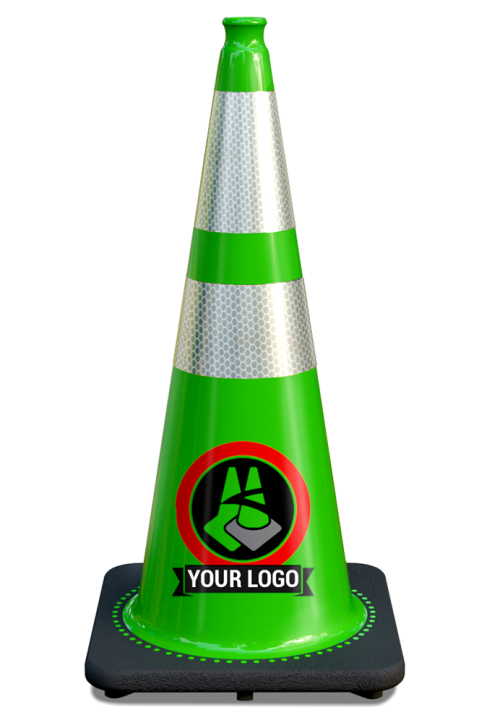 28" Kelly Green Traffic Cone, w/6" & 4" 3M Reflective Collars w/Color Artwork 