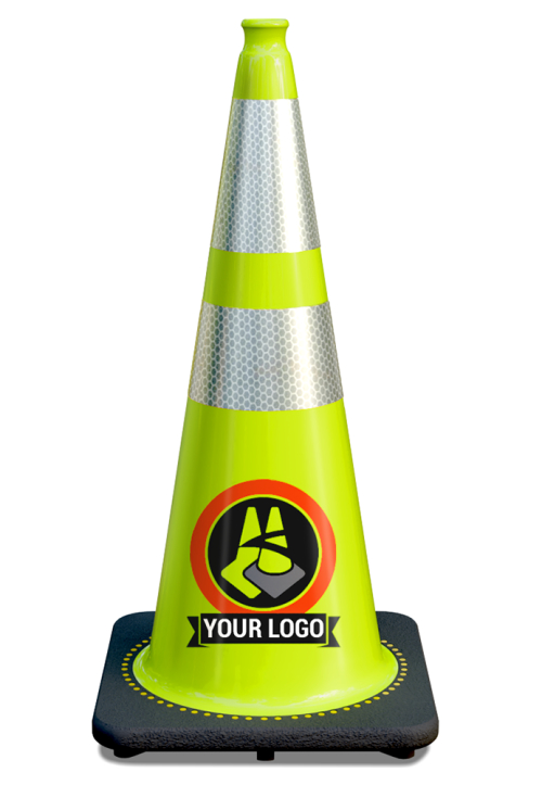 28" Lime Green Traffic Cone, w/6" & 4" 3M Reflective Collars w/Color Artwork