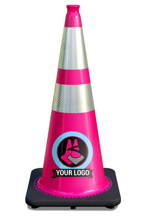 28" Pink Traffic Cone, w/6" & 4" 3M Reflective Collars w/Color Artwork