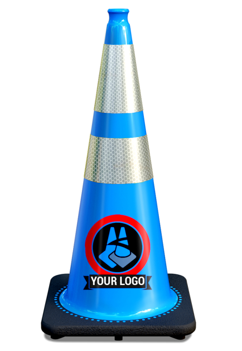 28" Sky Blue Traffic Cone, w/6" & 4" 3M Reflective Collars w/Color Artwork