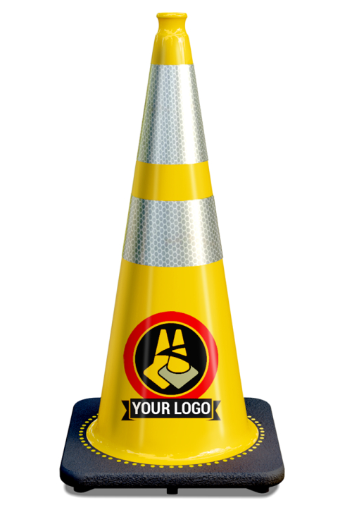 28" Yellow Traffic Cone, w/6" & 4" 3M Reflective Collars w/Color Artwork