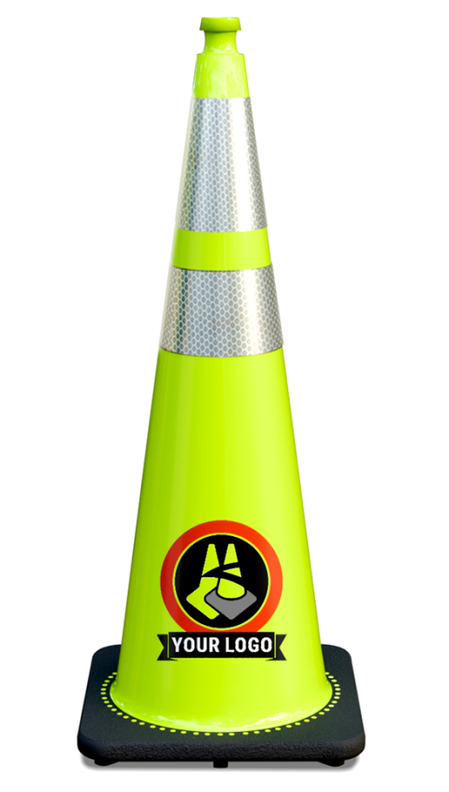 36" Lime Traffic Cone, w/6" & 4" 3M Reflective Collars w/Color Artwork 