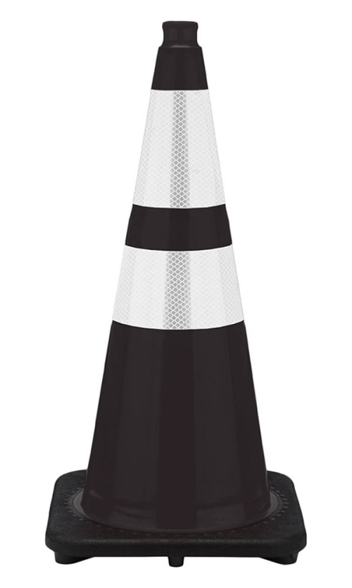 28" Black Traffic Cone, w/6" & 4" 3M Reflective Collars w/Color Artwork 