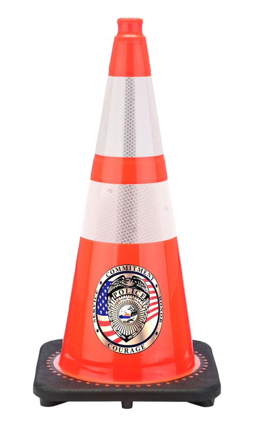 28" Orange Traffic Cone, w/6" & 4" 3M Reflective Collars w/Color Artwork