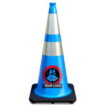 28" Sky Blue Traffic Cone, w/6" & 4" 3M Reflective Collars w/Color Artwork