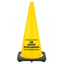 28" Yellow No Entry Explosives STENCIL Traffic Cone, 7 lb Black Base