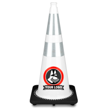 28" White Traffic Cone, w/6" & 4" 3M Reflective Collars w/Color Artwork 