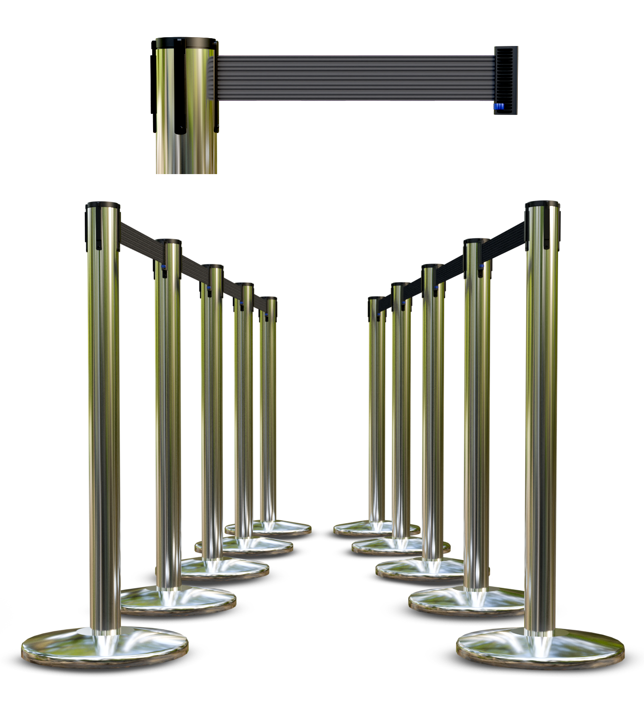 Stainless Finish Premium Stanchions w/Custom Color Belt - 10 pack